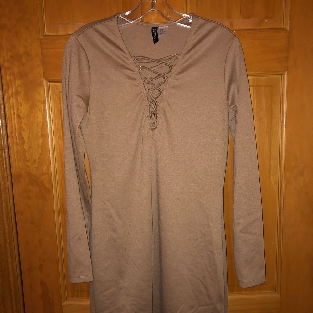 Tan dress with cross neck